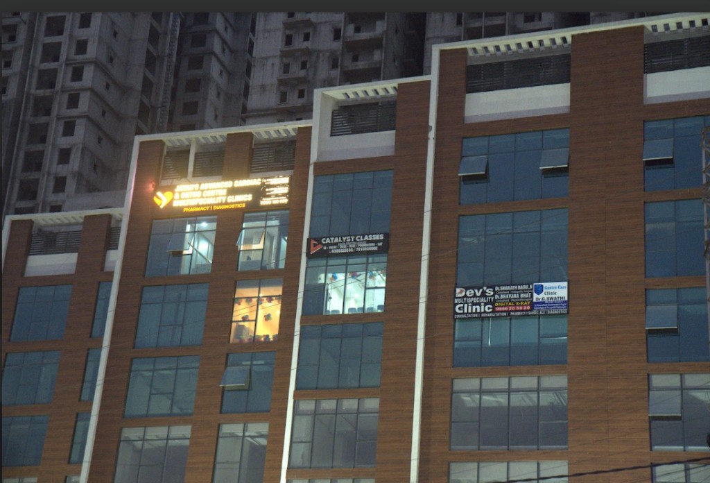 Catalyst Classes branch building exterior at night, Hyderabad