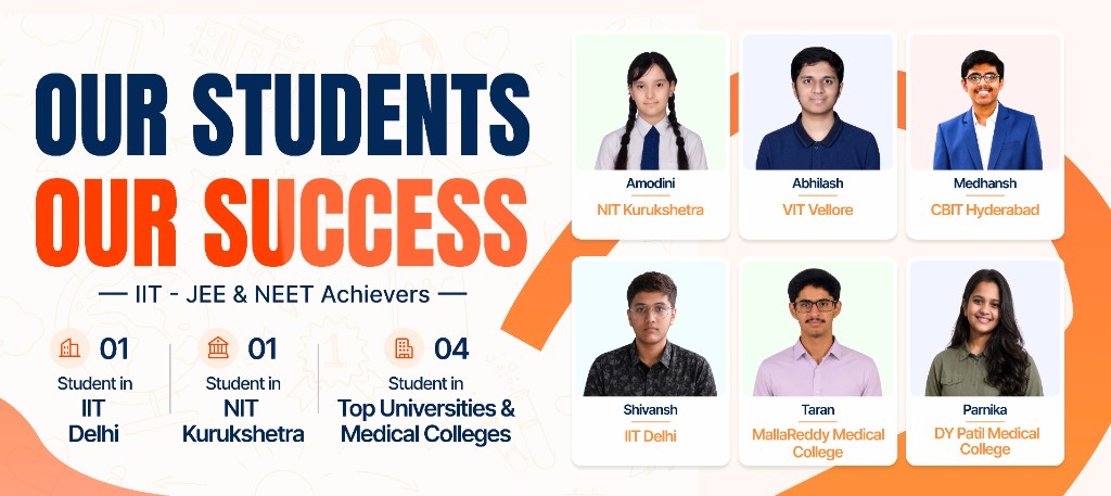 Our Students Our Success — IIT JEE and NEET achievers from Catalyst Classes including students placed in IIT Delhi, NIT Kurukshetra, VIT Vellore, CBIT Hyderabad, MallaReddy Medical College, and DY Patil Medical College